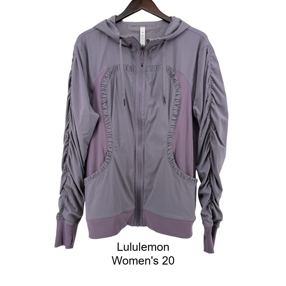 Lululemon Hooded Define Jacket Nulu Ruched Sleeve Ruffle Purple Grey Size 20